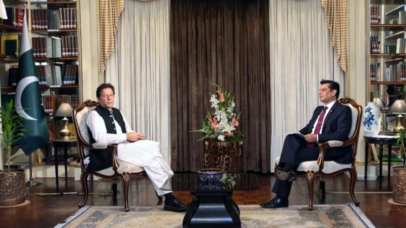 Prime Minister Imran Khan gives an interview to ARY anchorperson Arshad Sharif. —  ARY screengrab via Radio Pakistan