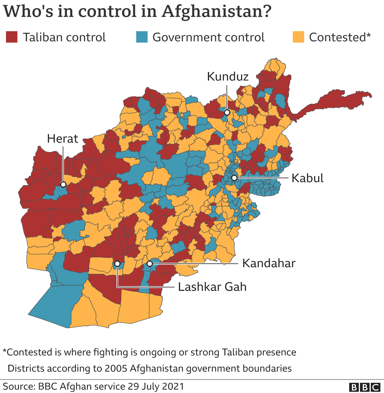 Map showing areas of full Taliban or government control, updated 29 July 2021